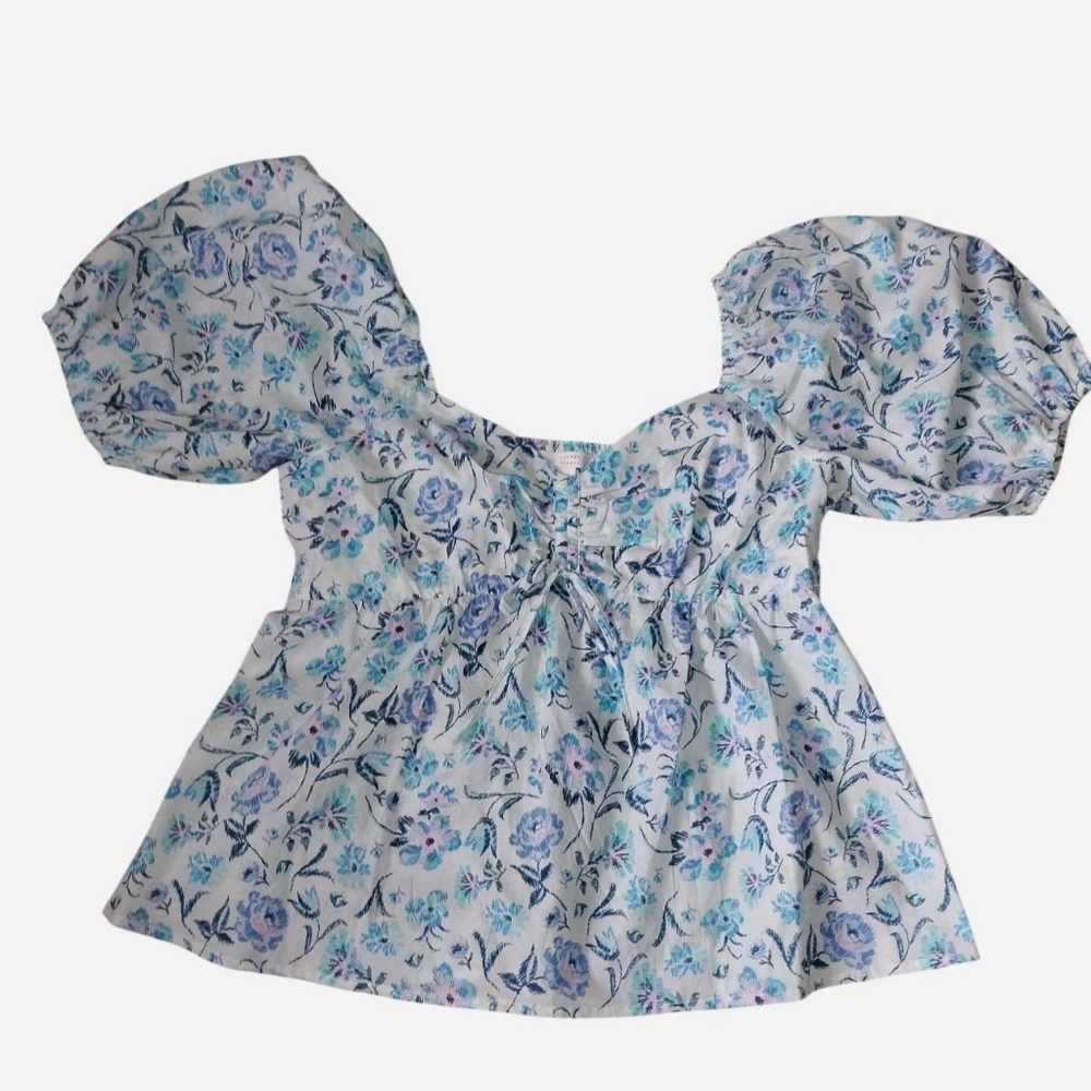 Blue Floral Puff Sleeve Babydoll Top - Size M - Cotton_ Lauren Conrad